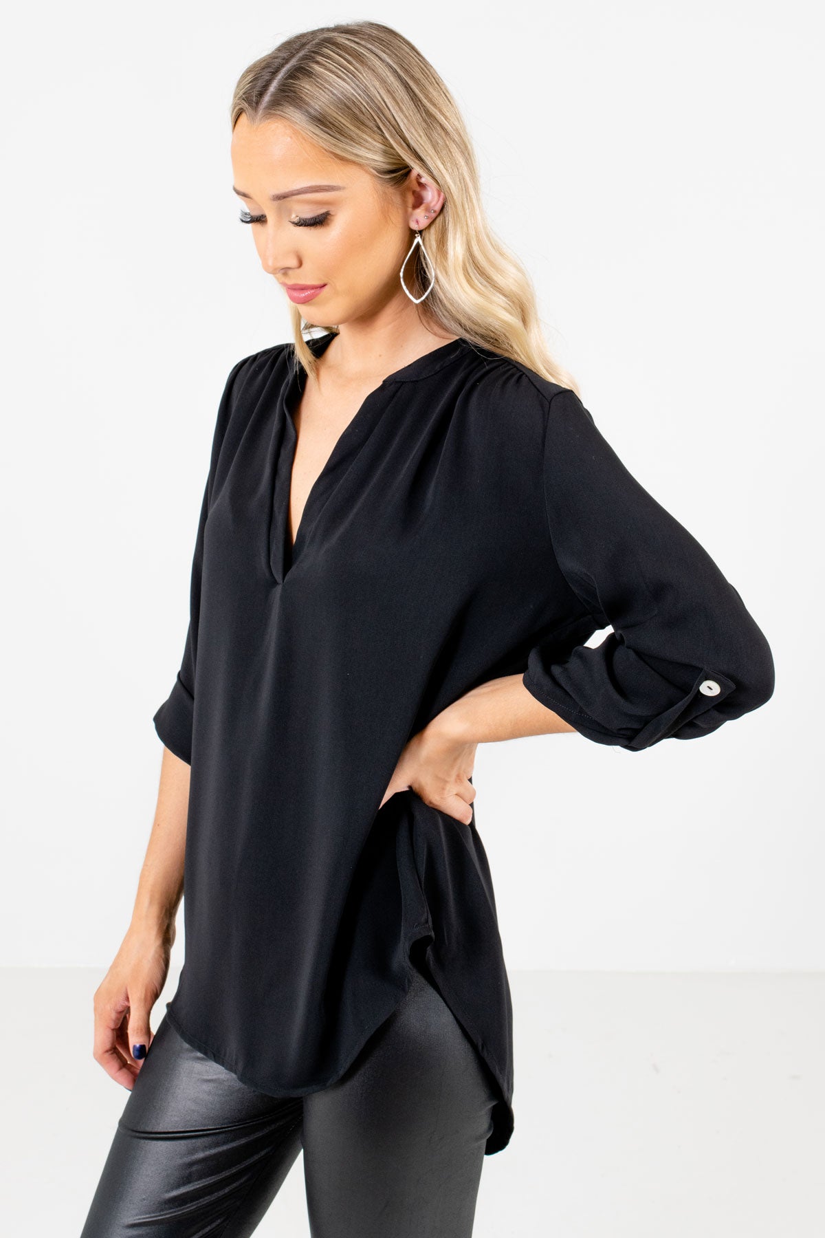 Black ¾ Length Sleeve Boutique Blouses for Women