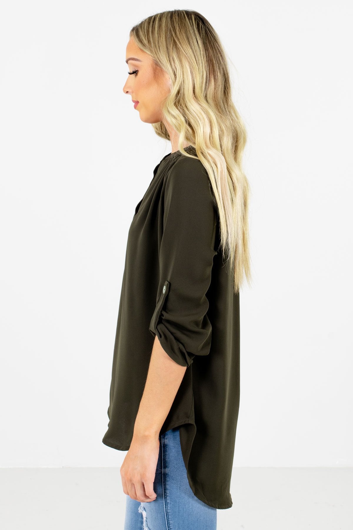 Olive Green ¾ Length Sleeve Boutique Blouses for Women