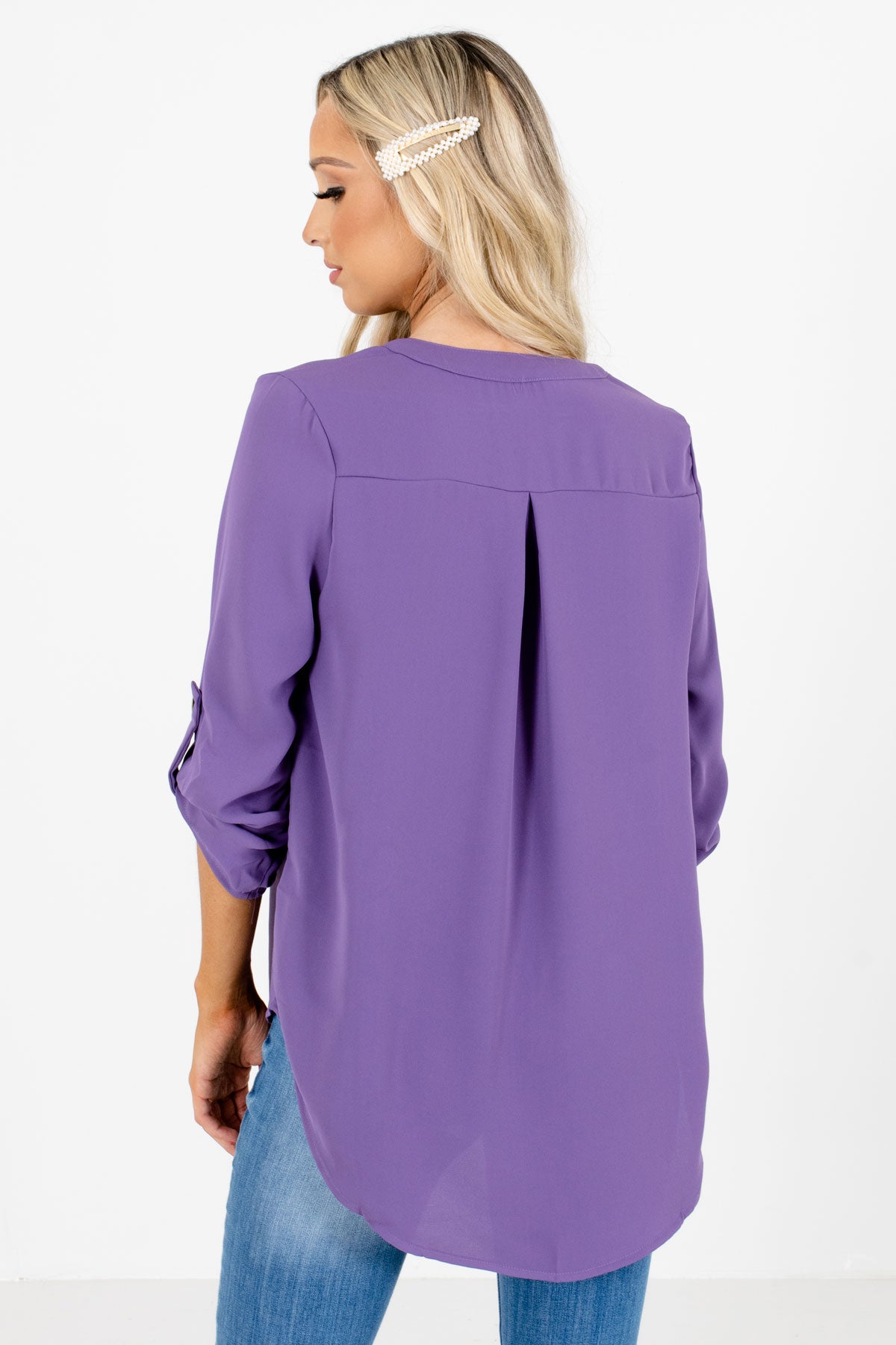 Women's Purple Pleated Accented Boutique Blouse