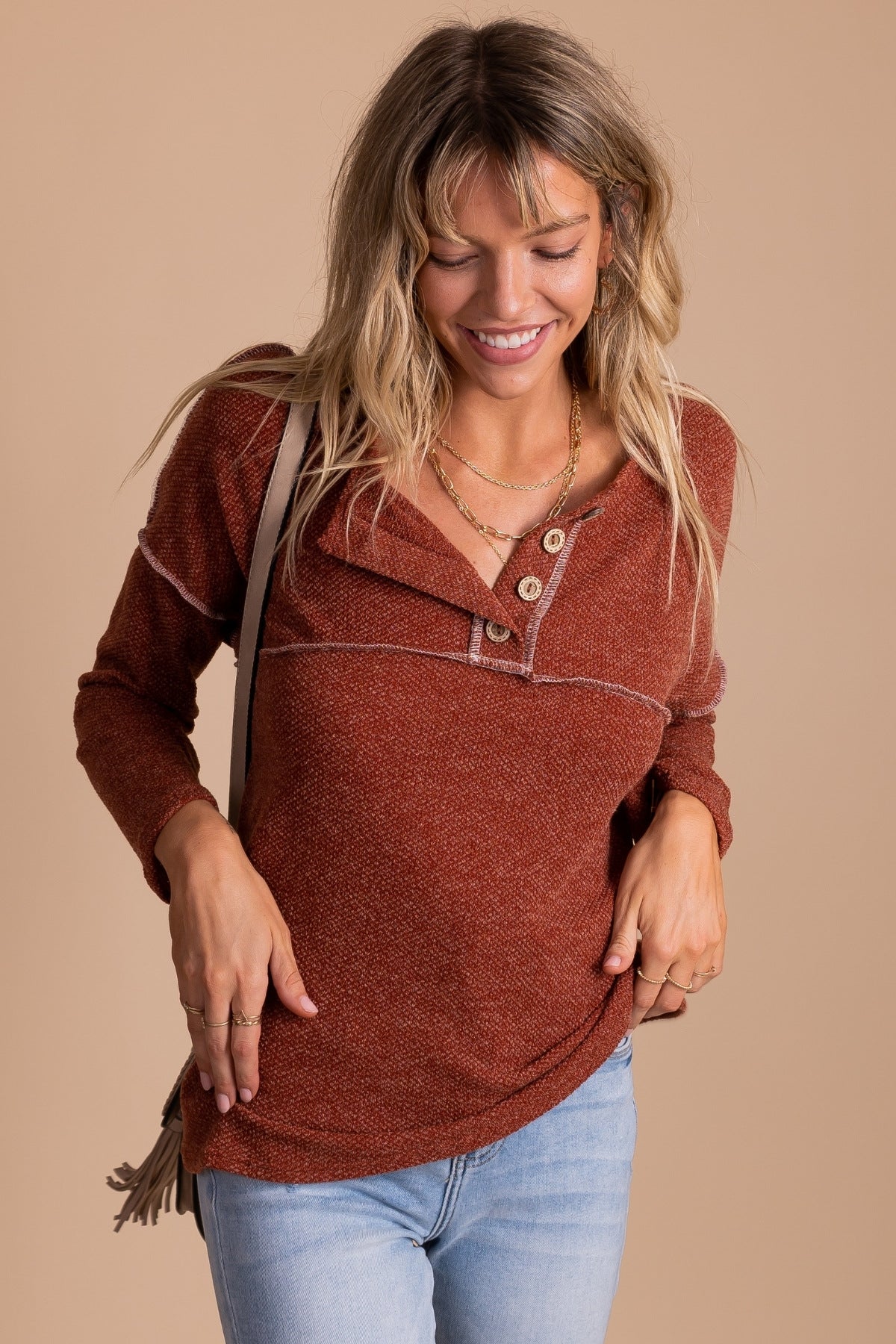 Women's Rust Long Sleeve Knit Top