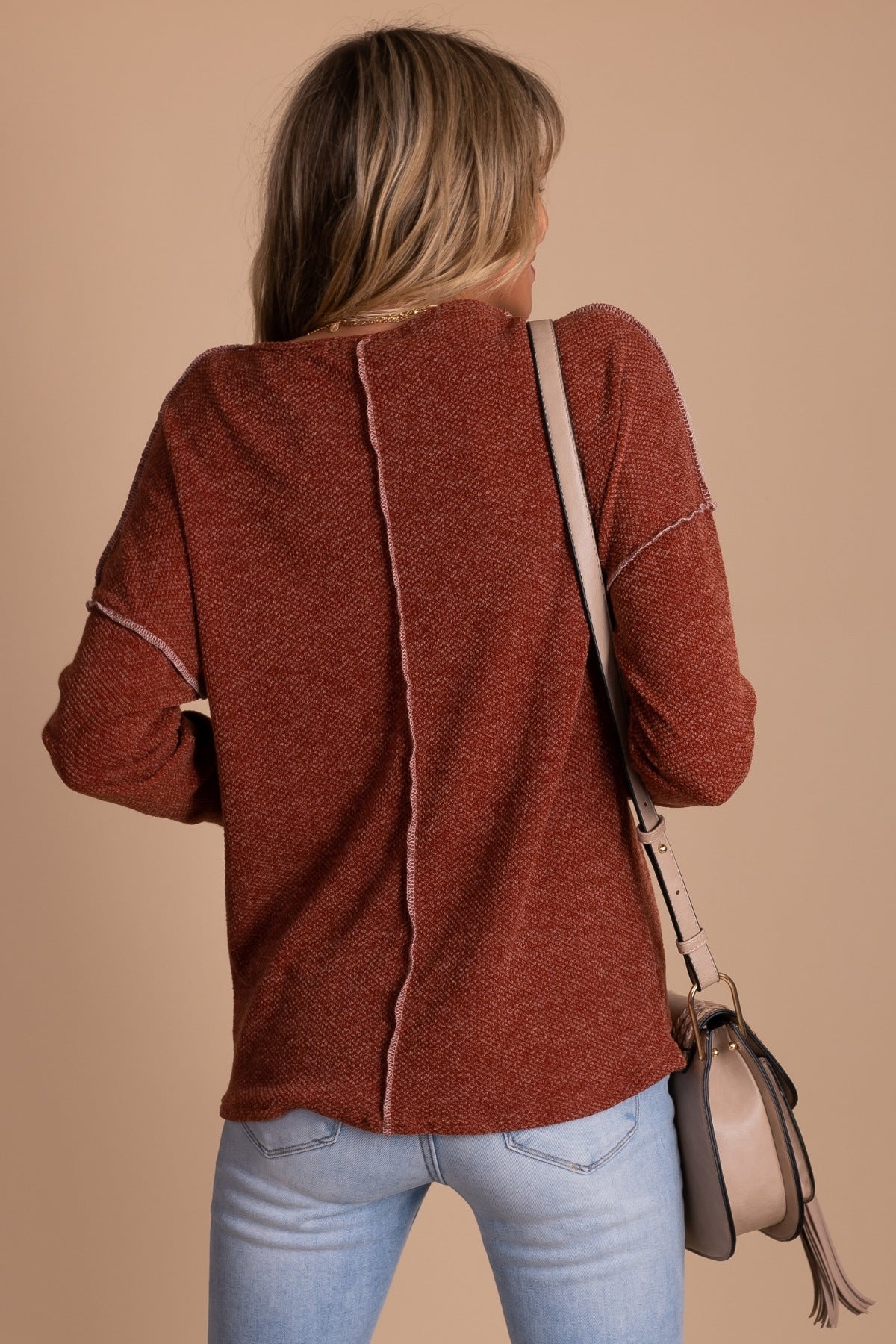 Rust Red-Orange Long Sleeve Knit Sweater for Women