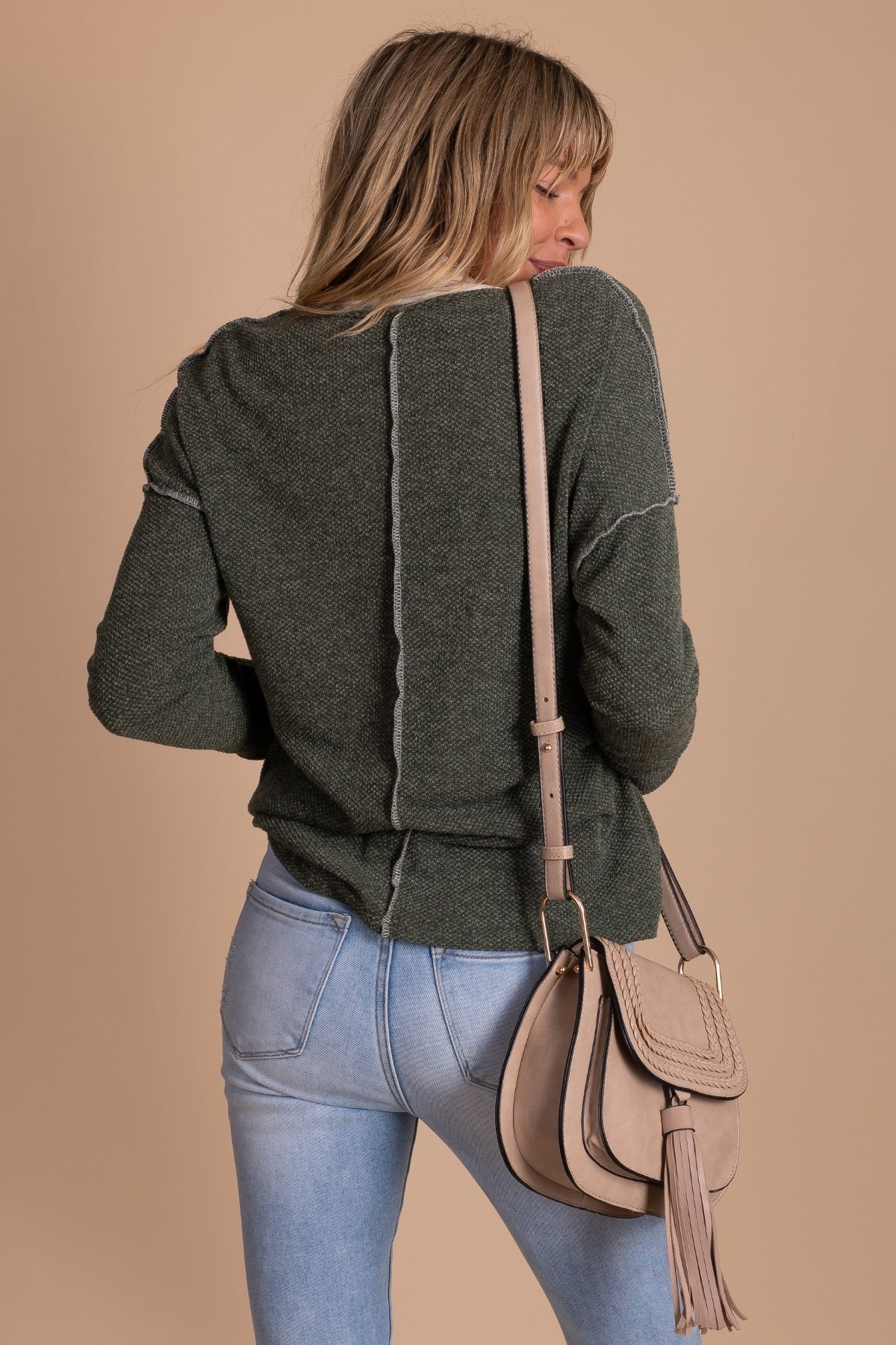 Trendy Knit Sweater Top in Olive Green for Fall