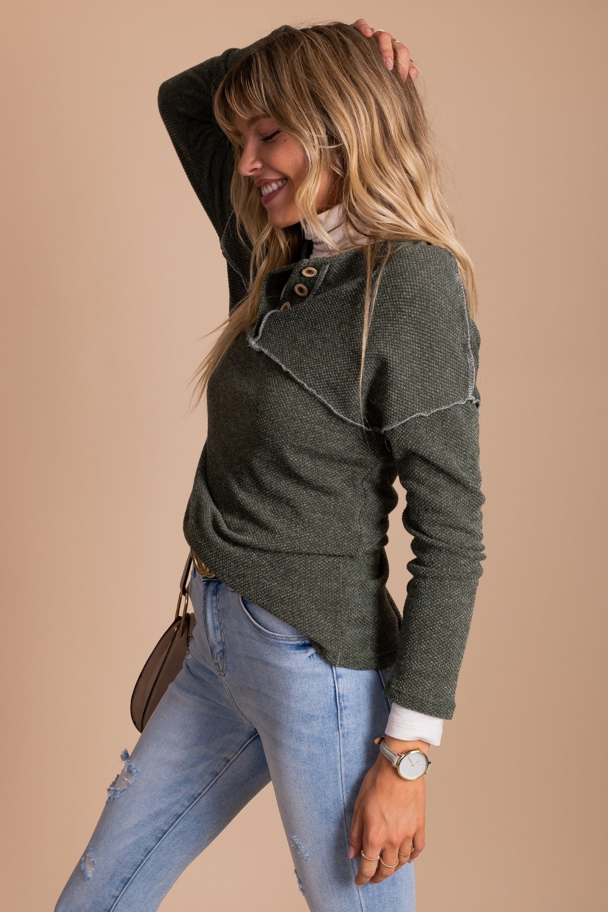 Long Sleeve Knit Top with Half Button Front in Olive Green