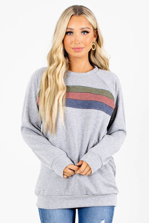 Grey Pullover Sweatshirt with Color Lines Across Bodice