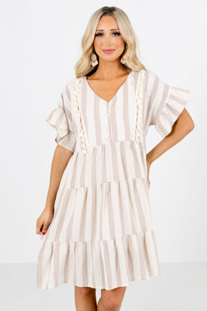 Beige and Cream Striped Boutique Mini Dresses for Women