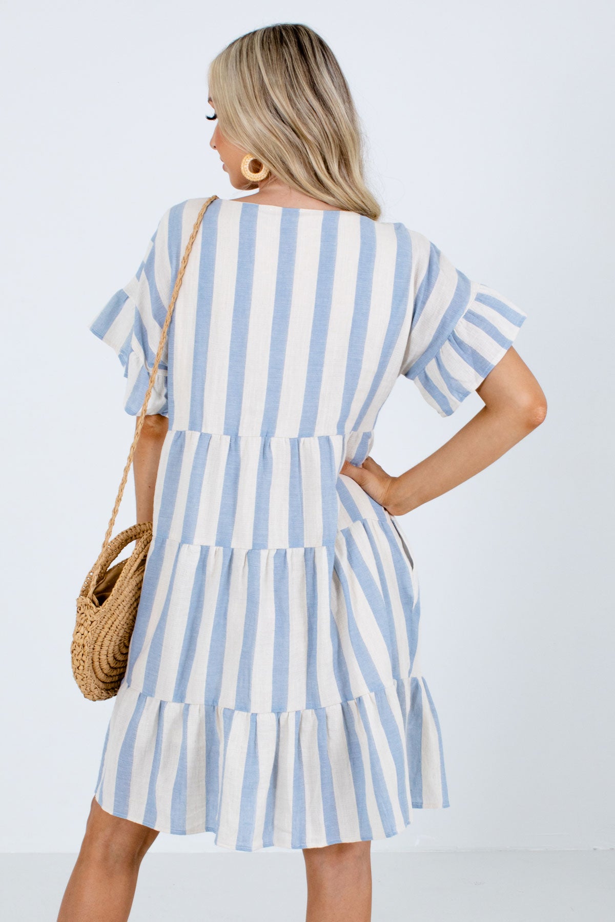 Tiered Skirt and Flutter Sleeve Mini Dress in White and Blue