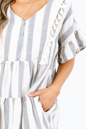 Button Front and Tassel Trim Striped Mini Dress