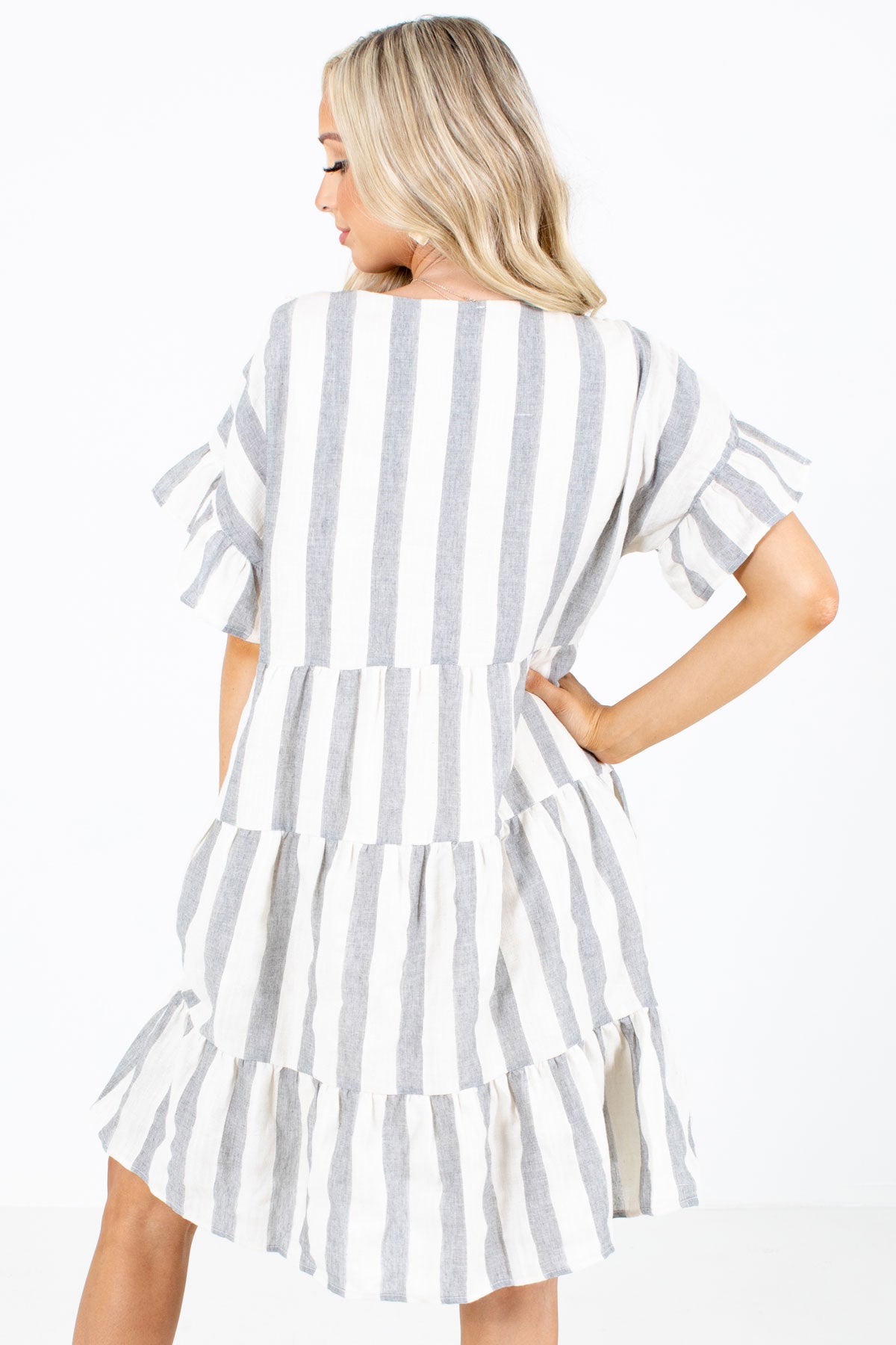 Striped Short Dress in Gray and White with Flutter Sleeves