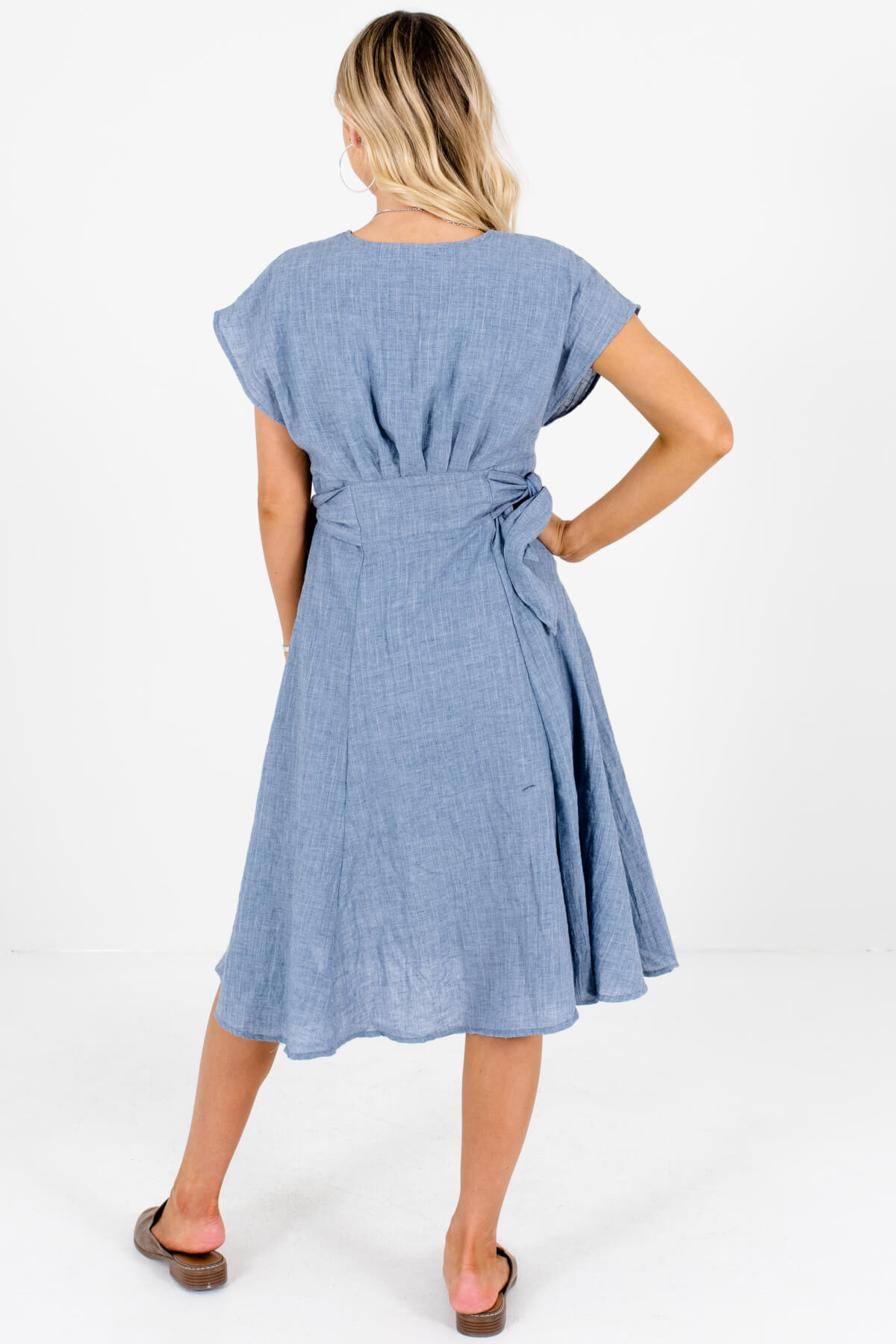 Blue Button-Up Side-Tie Midi Dresses Affordable Online Boutique