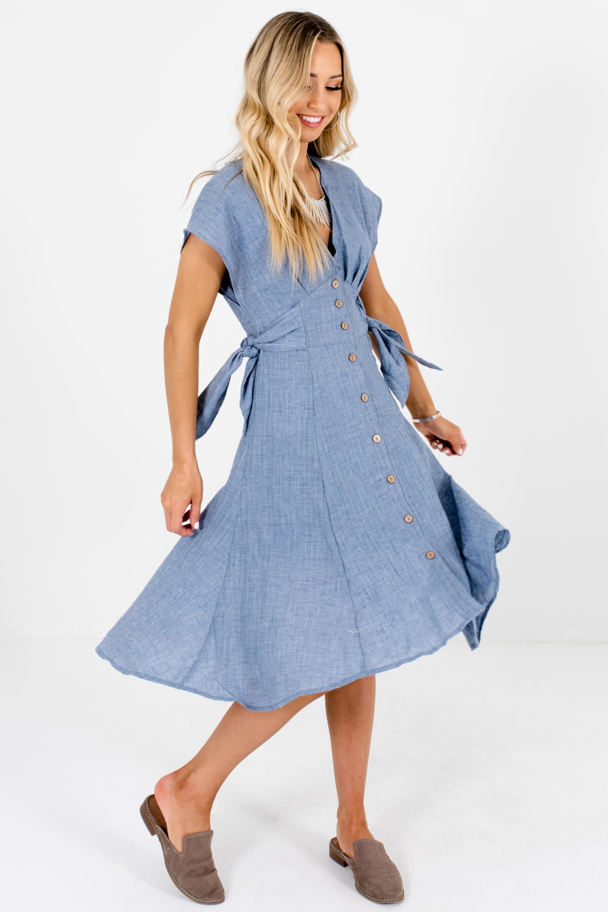 Blue Button-Up Side-Tie Boutique Midi Dresses for Women