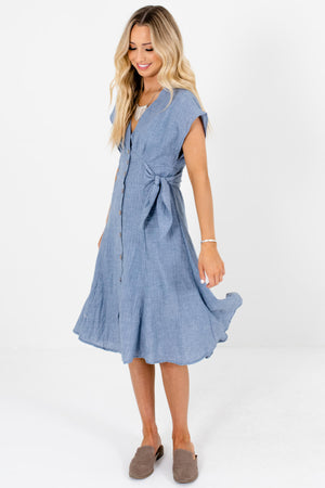 Blue Button Up Side Tie Midi Dresses Affordable Online Boutique