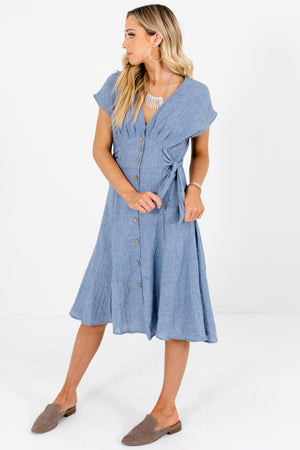 Blue Side Tie Button-Up Midi Dresses Affordable Online Boutique