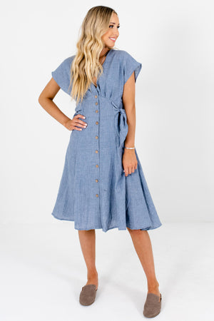 Blue Button Up Side Midi Dresses Affordable Online Boutique