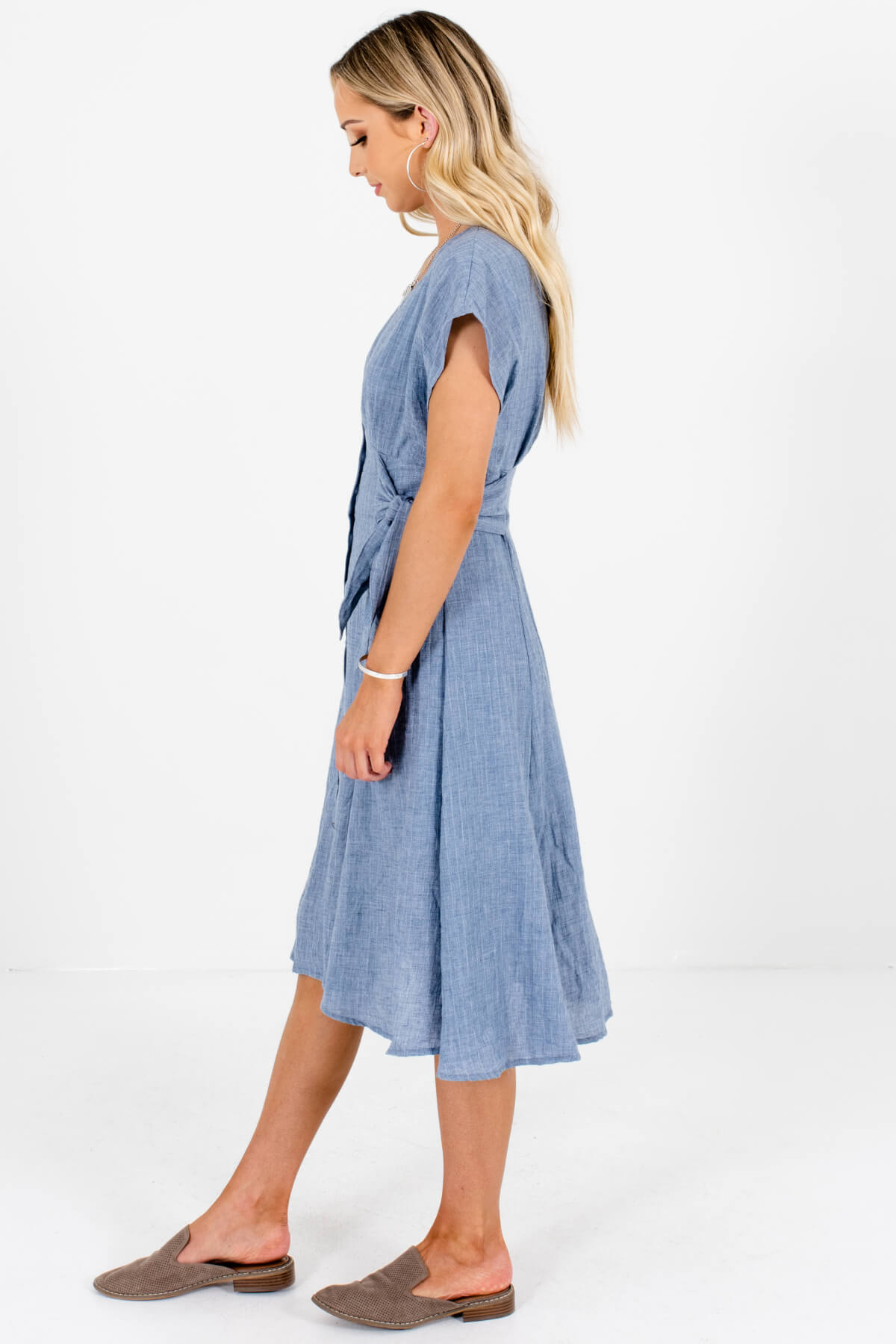 Blue Button-Up Midi Dresses with Side-Tie Details