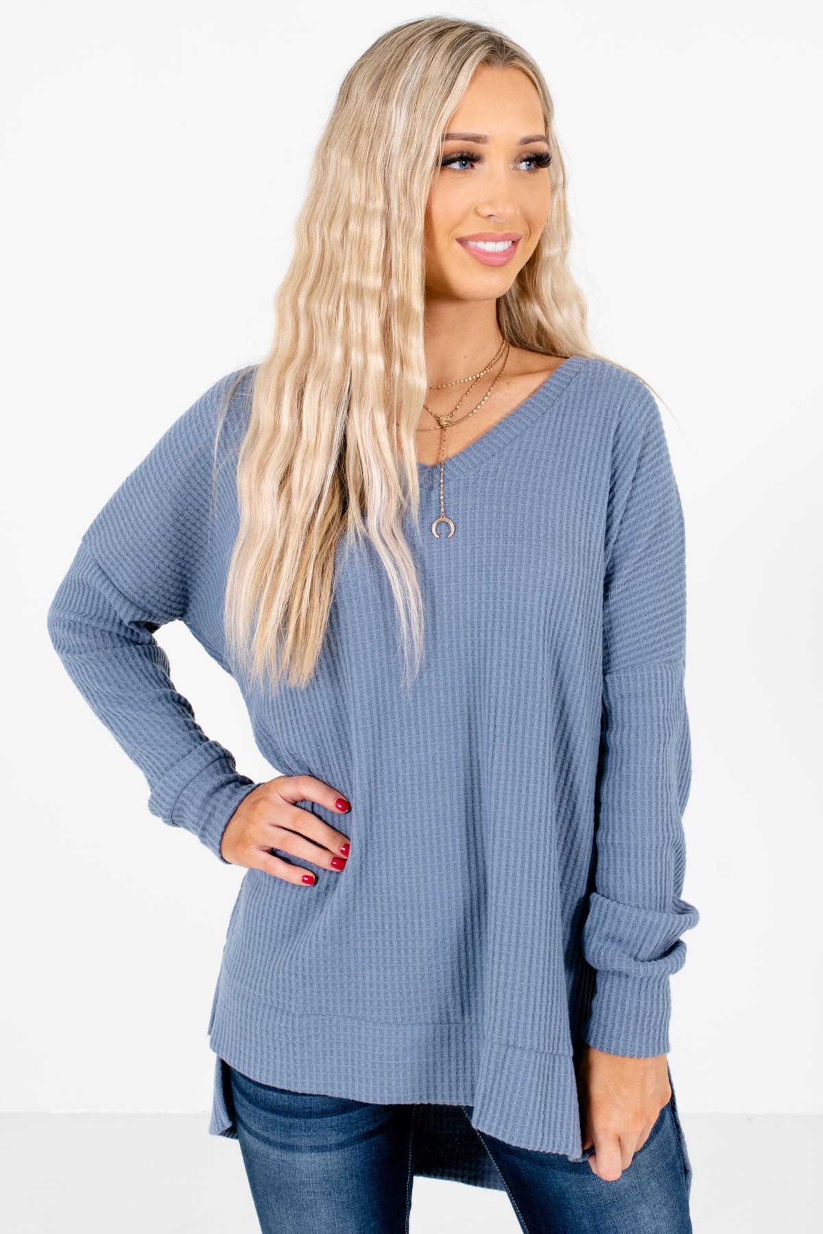Blue High-Quality Waffle Knit Material Boutique Tops for Women