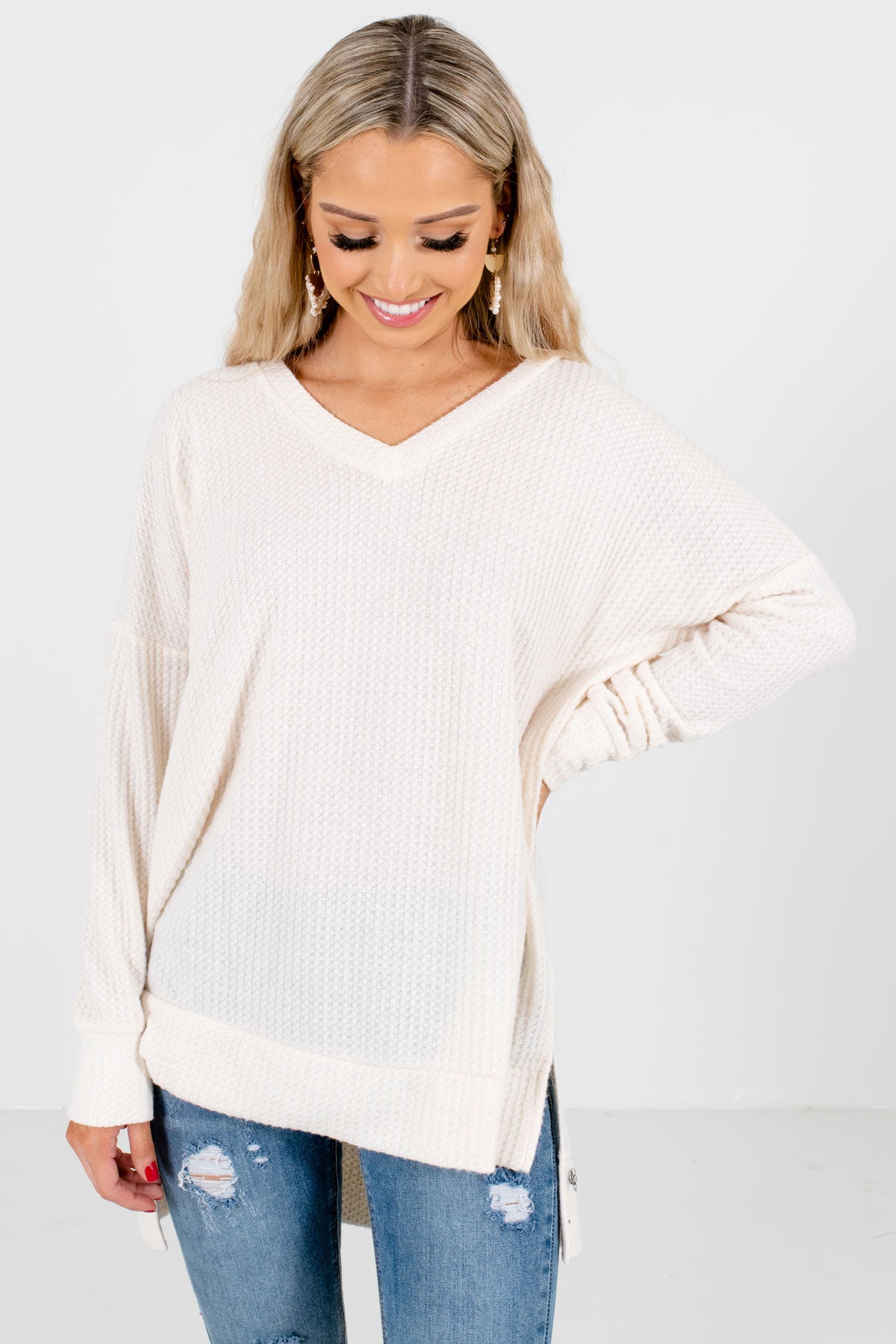 Cream High-Quality Waffle Knit Material Boutique Tops for Women