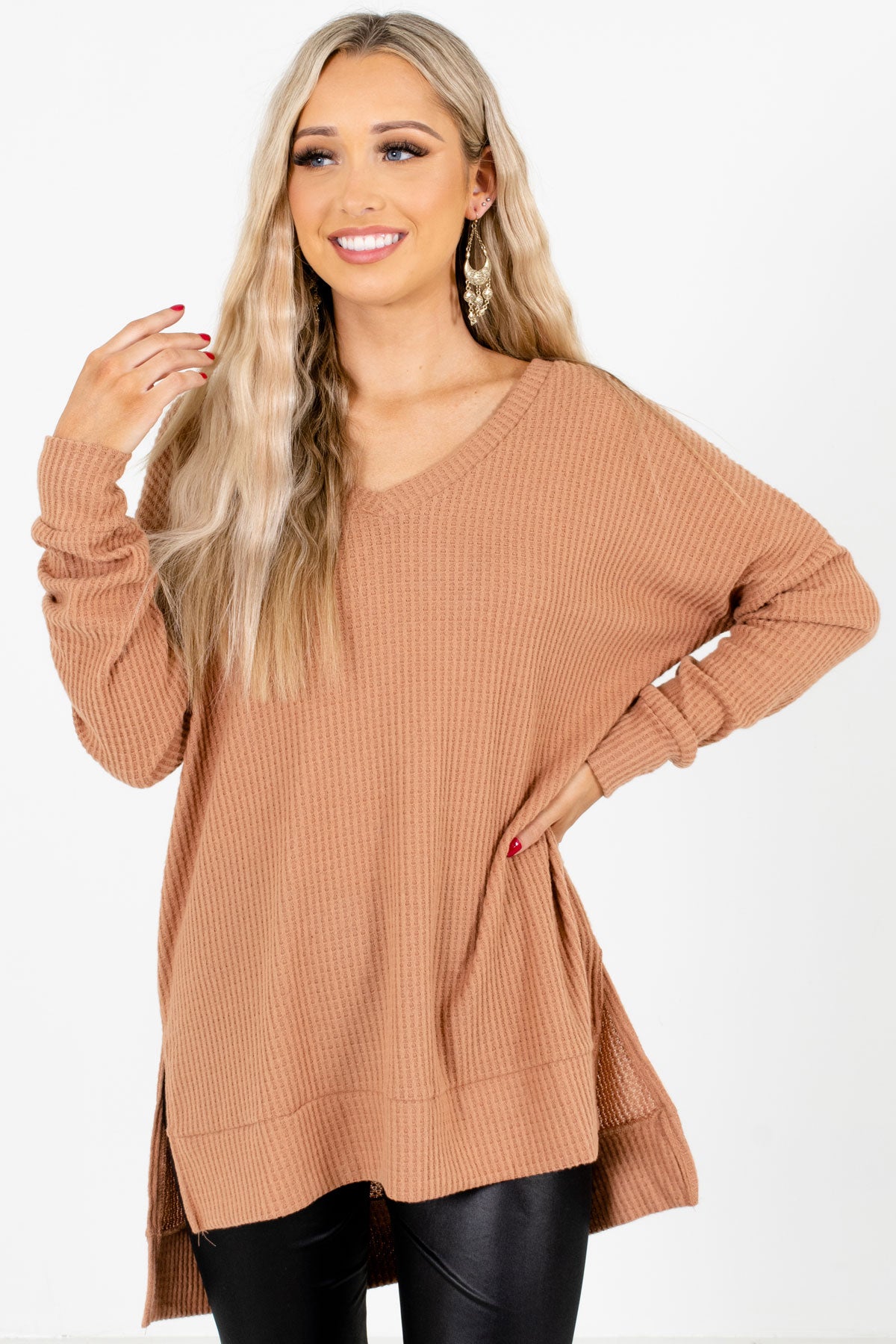Tan Brown High-Quality Waffle Knit Material Boutique Tops for Women