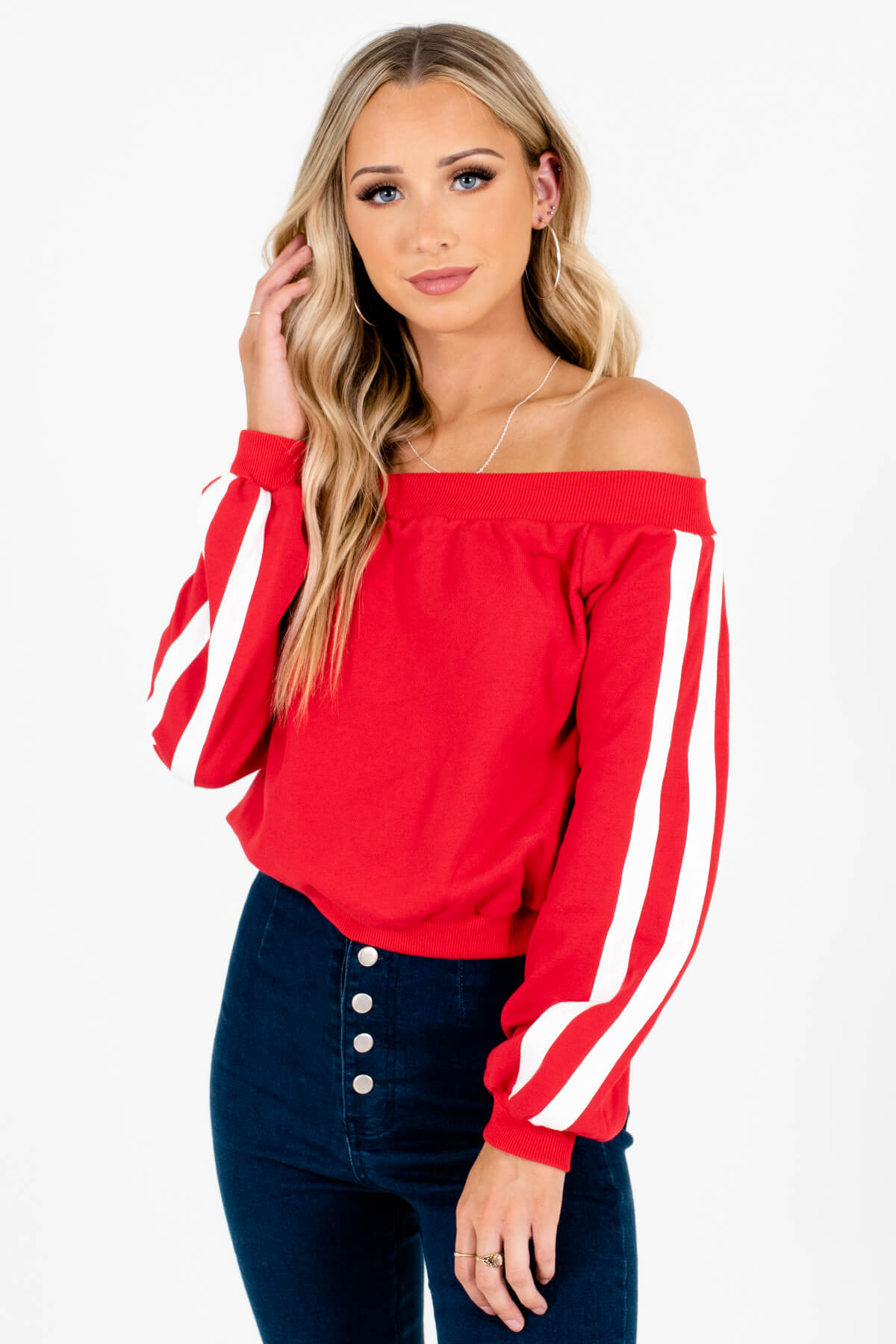 Red with White Sleeve Stripes Boutique Pullovers for Women
