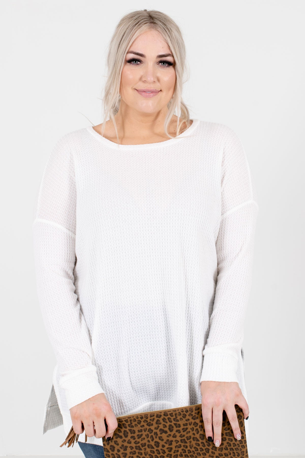 White High-Quality Waffle Knit Material Boutique Tops for Women