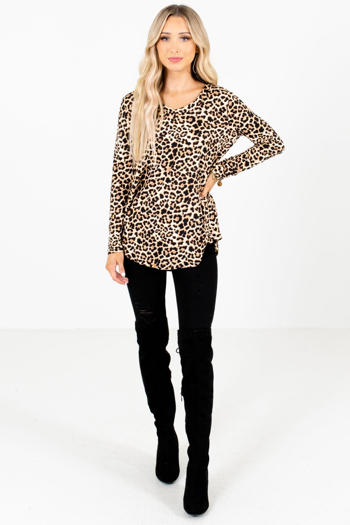 Beige Cute and Comfortable Boutique Leopard Print Tops for Women 