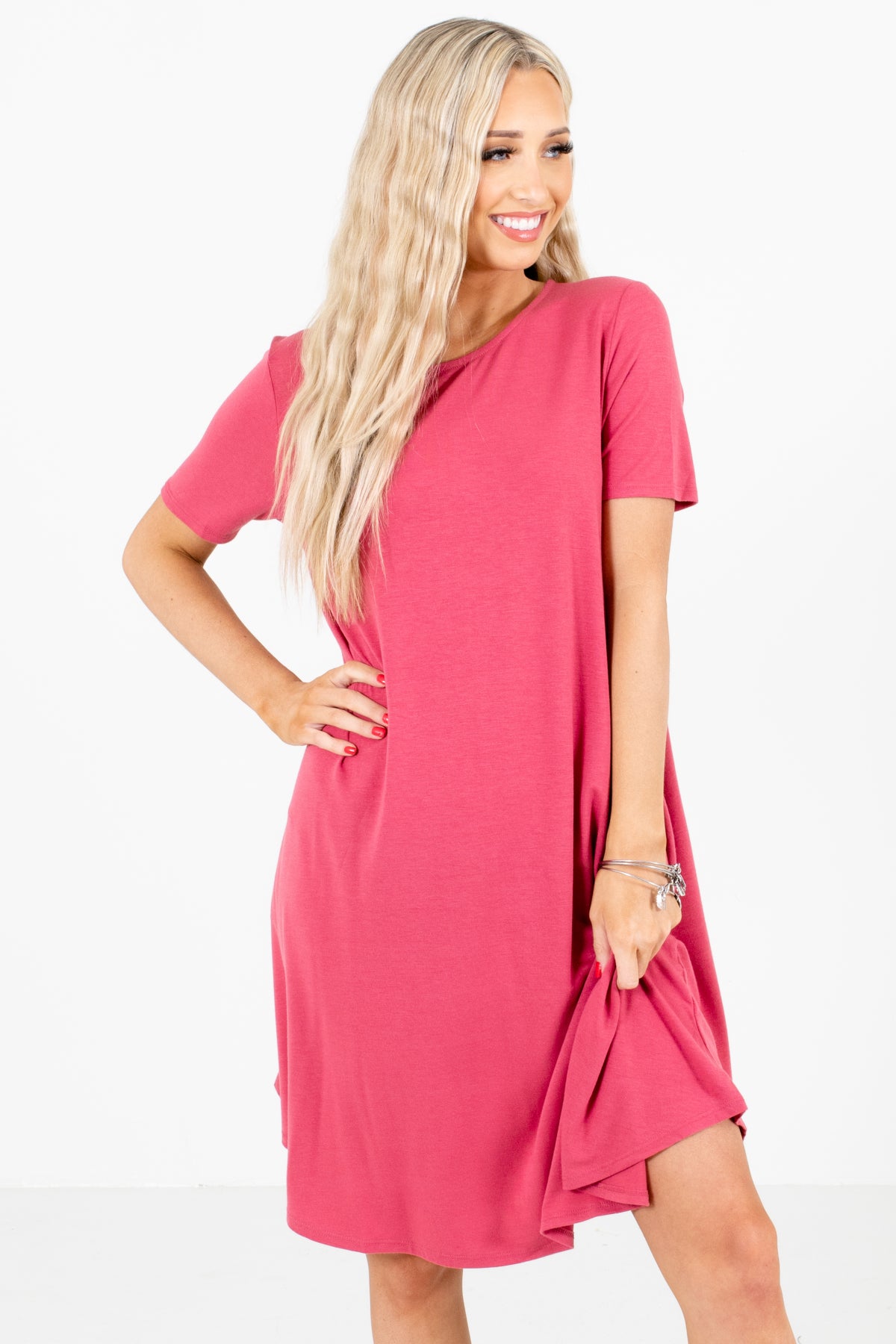 Pink High-Quality Stretchy Material Boutique Knee-Length Dresses for Women