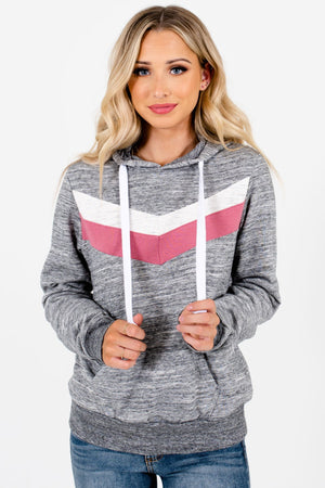 Heather Gray Retro Stripe Accented Boutique Hoodies for Women