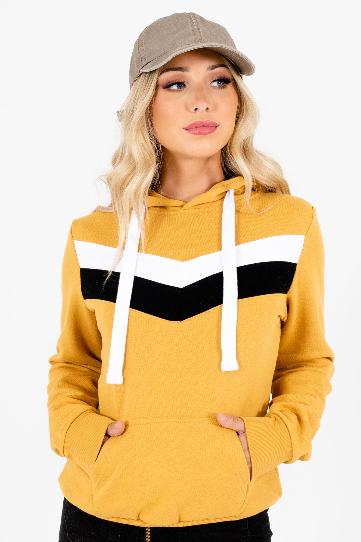 Mustard Yellow Retro Stripe Accented Boutique Hoodies for Women