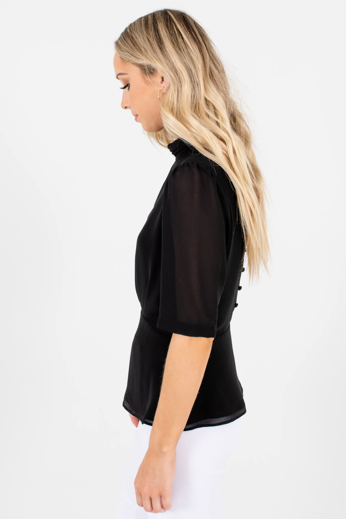 Women's Black Pleated Accented Boutique Blouses