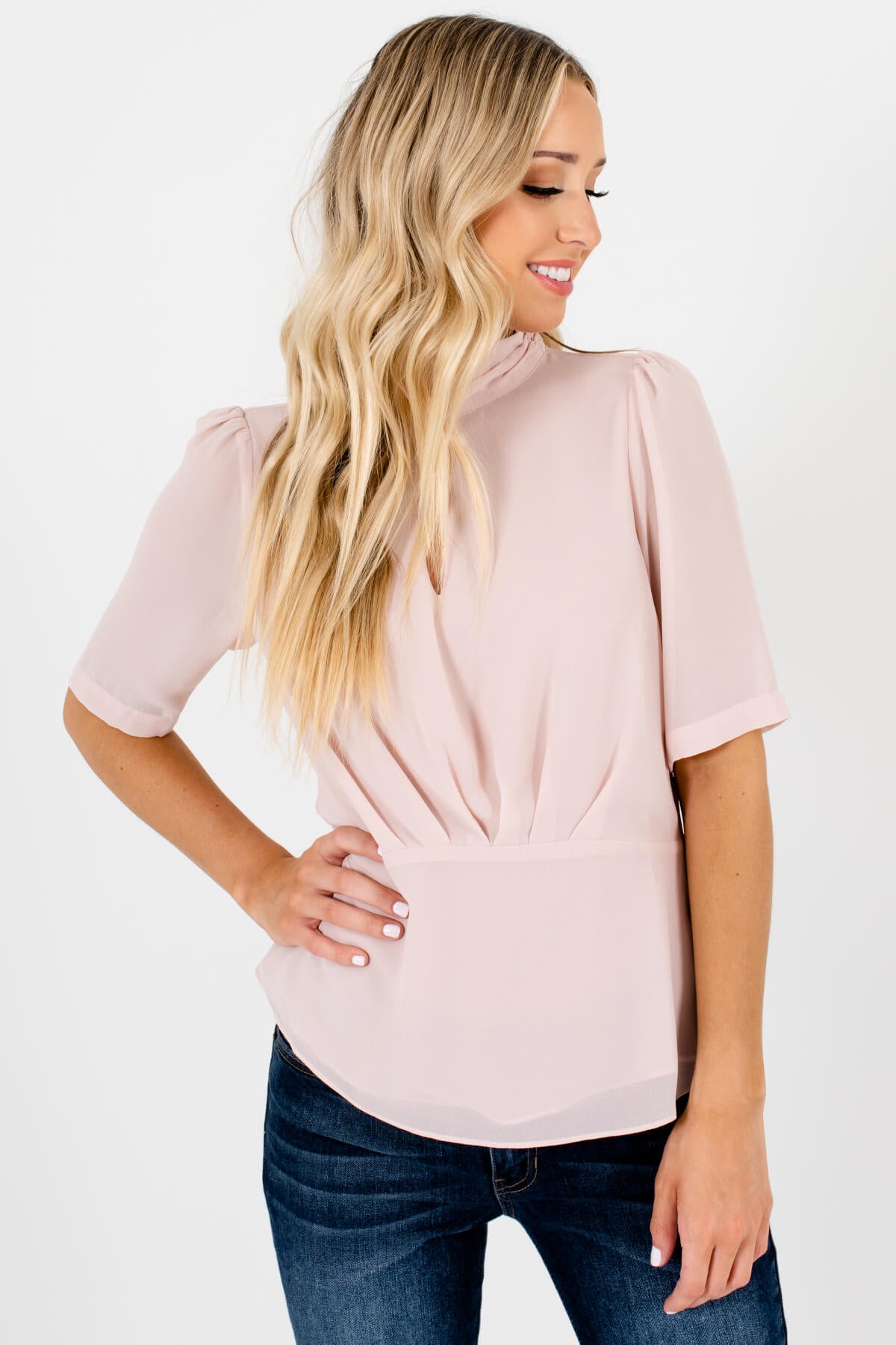 Blush Pink Neckline Cutout Detail Boutique Blouses for Women