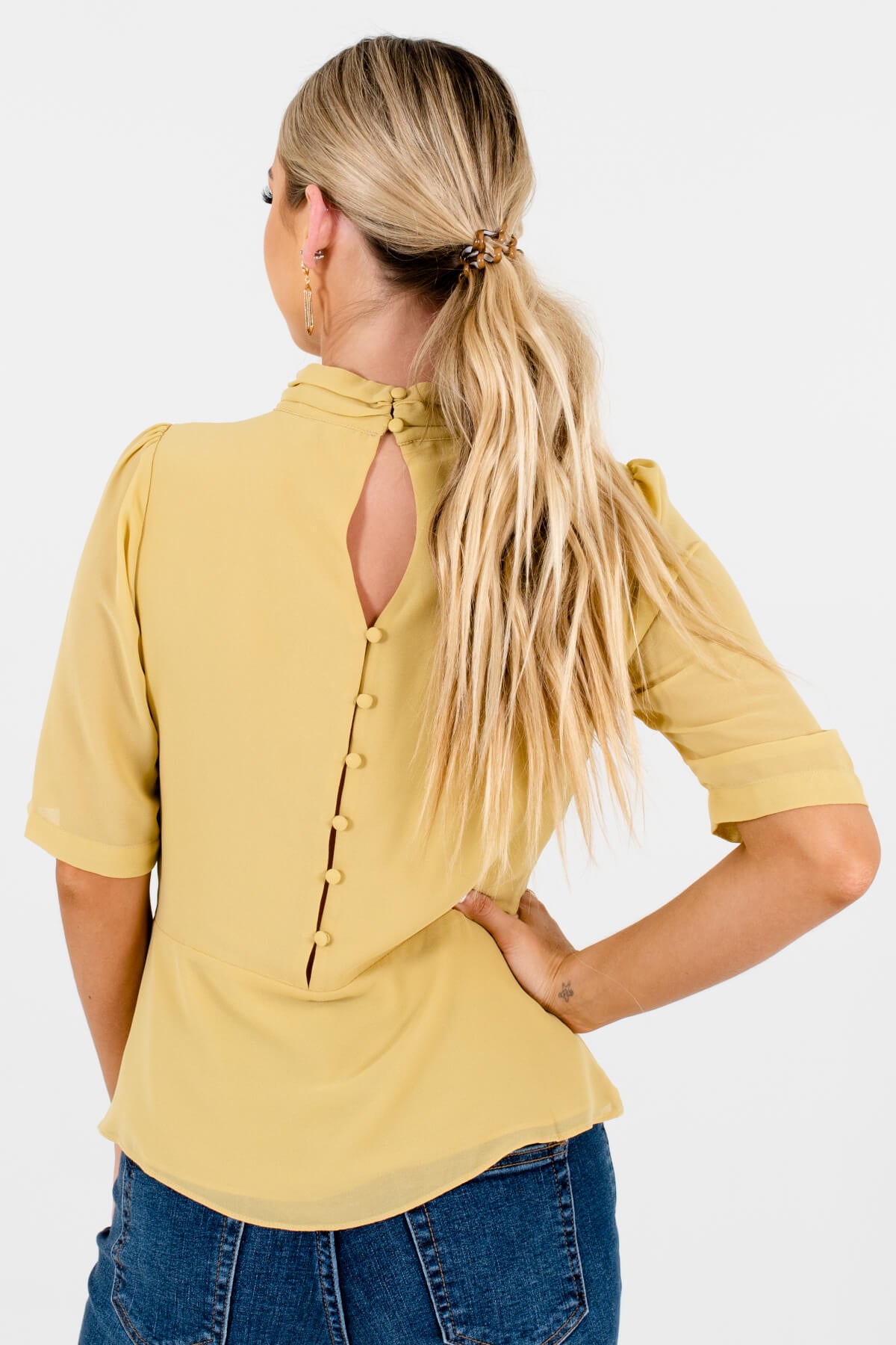 Women's Yellow Button-Up Back Boutique Blouse