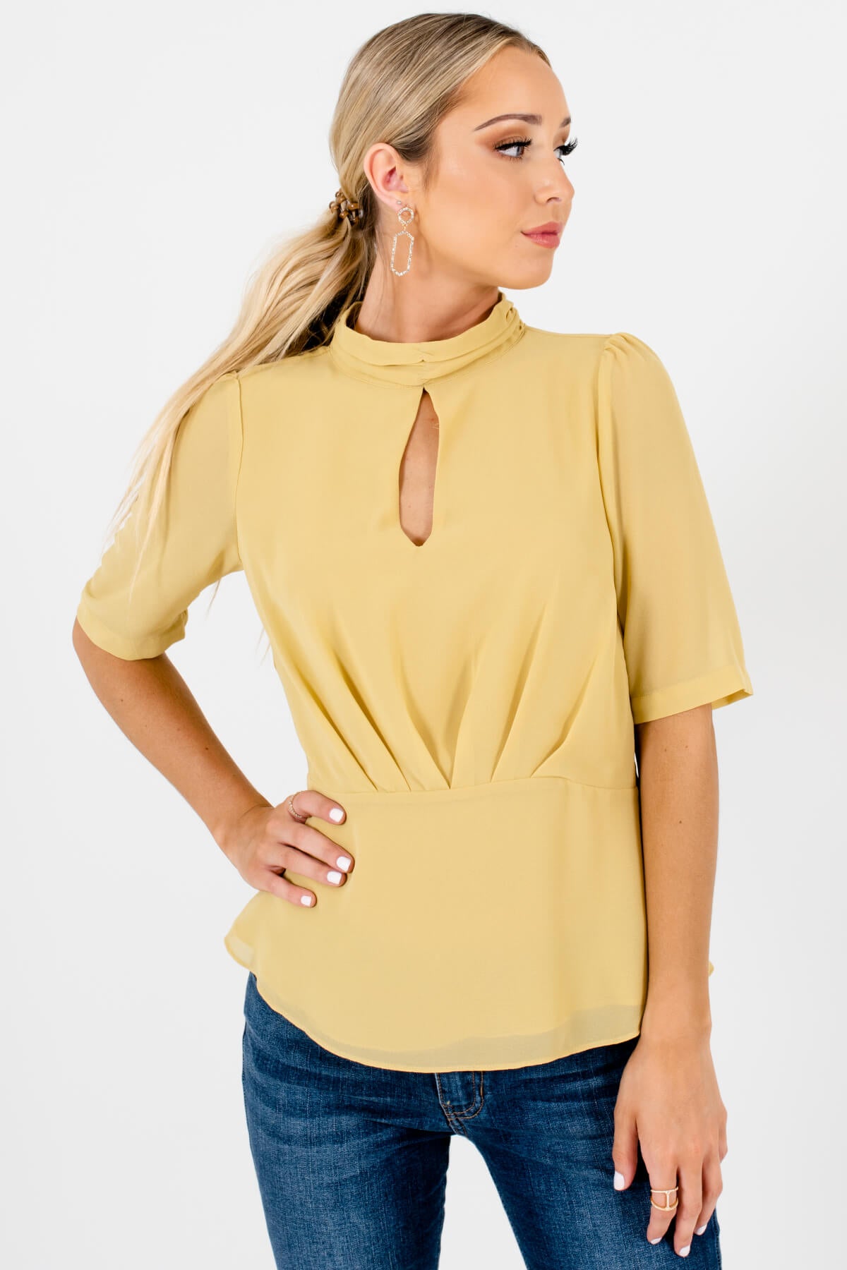 Yellow Neckline Cutout Detail Boutique Blouses for Women