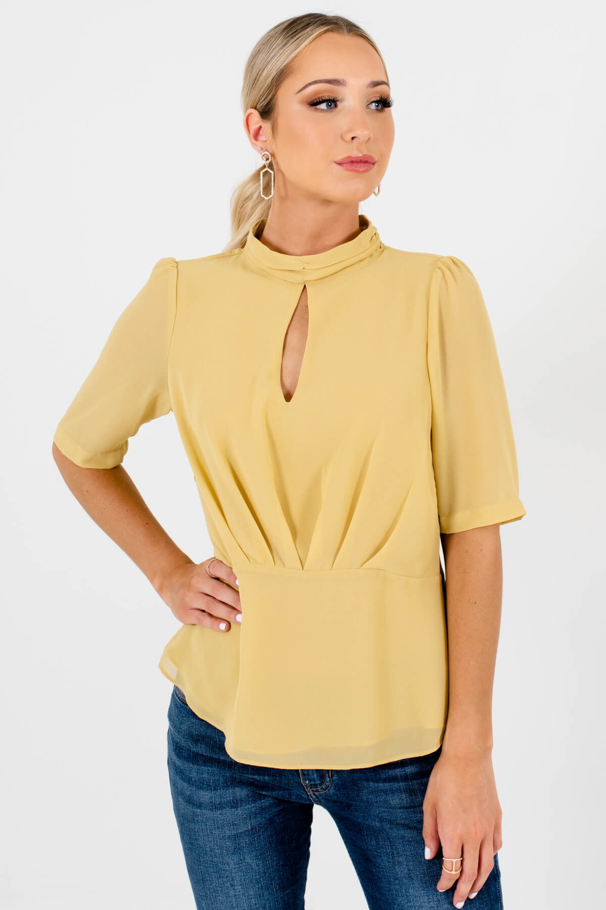 Yellow Keyhole Back Boutique Blouses for Women