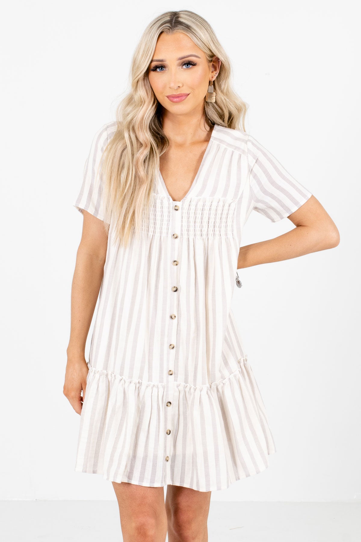 Cream Stripe Patterned Boutique Mini Dresses for Women