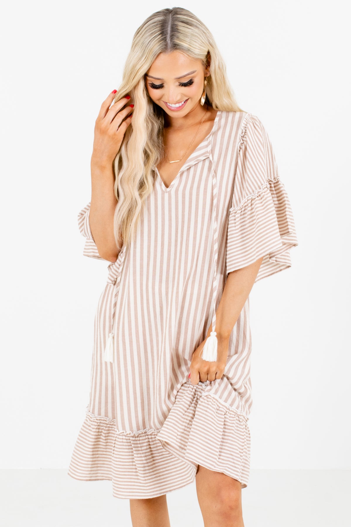 Brown and White Striped Boutique Knee-Length Dresses for Women