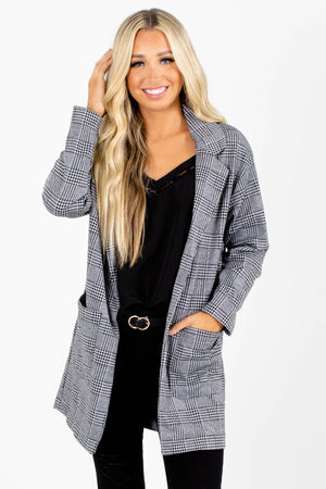 Gray and Black Plaid Patterned Boutique Blazers for Women