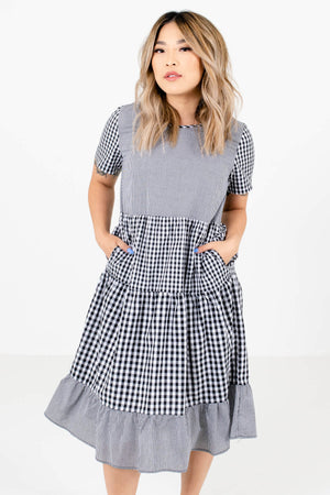 Black and White Gingham Patterned Boutique Knee-Length Dresses for Women