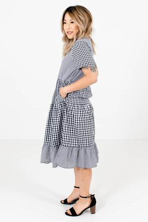 Black Gingham Boutique Knee-Length Dresses with Pockets for Women