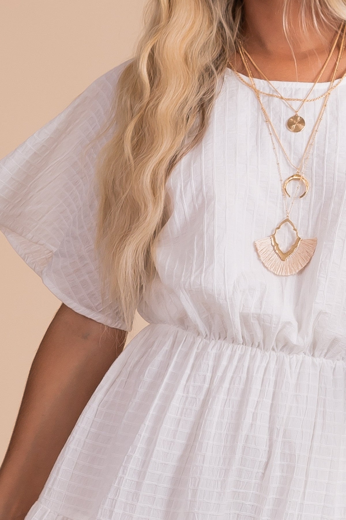 Short Sleeve Midi Dress with Cinched Waist in White