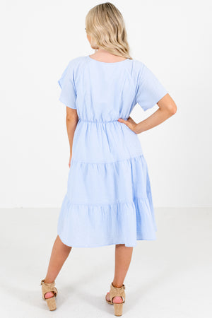 Women's Blue Elastic Waistband Boutique Knee-Length Dress