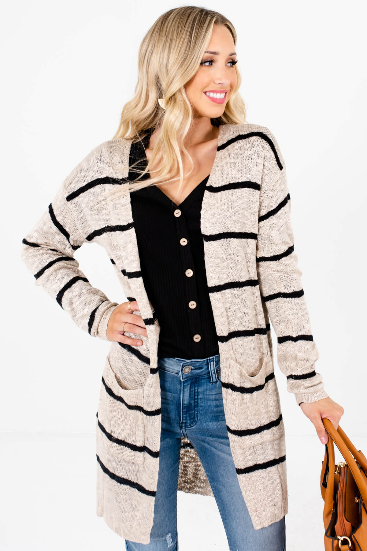 Beige Brown and Black Stripe Patterned Boutique Cardigans for Women