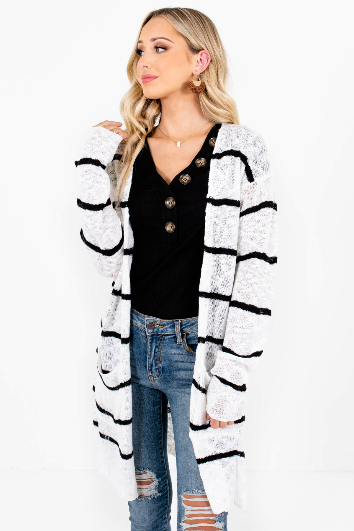 Casual Day Modal Cardigan in Black and White Stripe - ShopperBoard