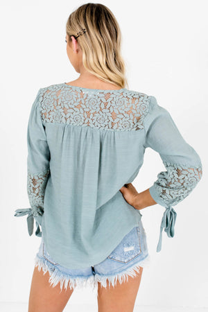 Turquoise Blue Tie Sleeve Floral Crochet Lace Tops for Women