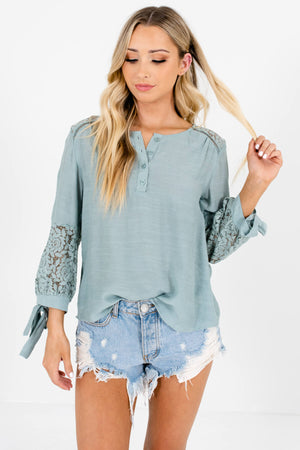 Blue Green 3/4 Tie Sleeve Crochet Floral Lace Tops for Women