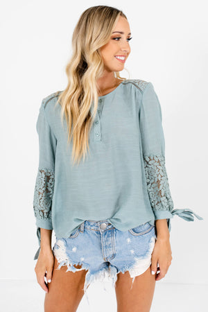 Turquoise Blue 3/4 Sleeve Floral Crochet Lace Tops Boutique
