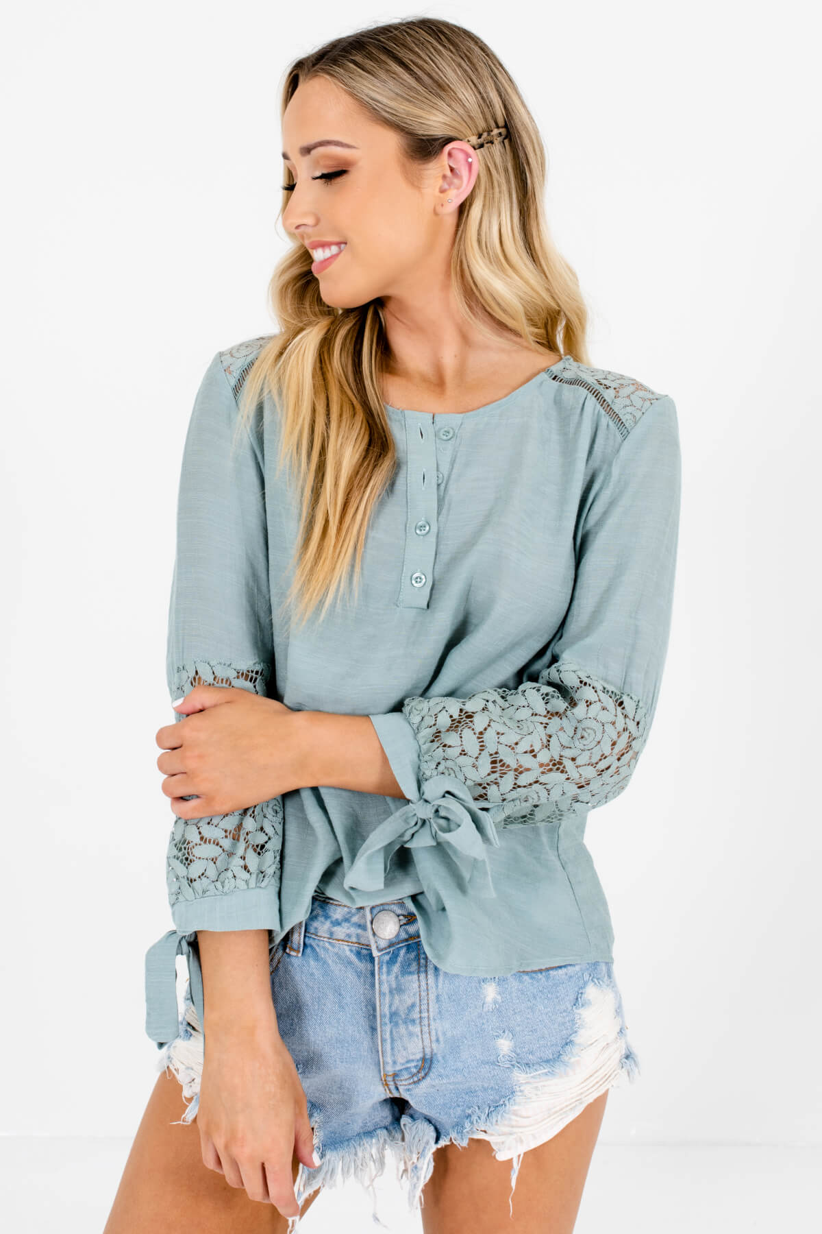 Turquoise Blue 3/4 Sleeve Floral Crochet Lace Tops for Women