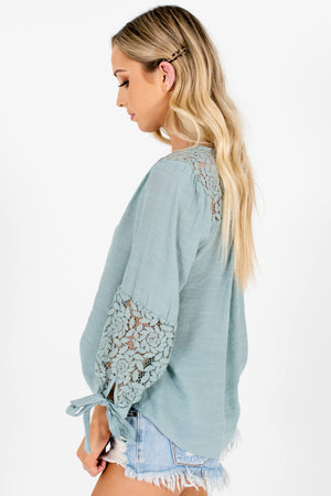 Blue Green Crochet Lace Detail Tie Sleeve Tops and Blouses
