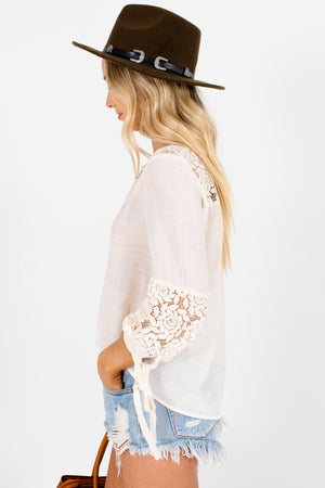 Cream 3/4 Sleeve Crochet Lace Tops with Button-Up Neckline