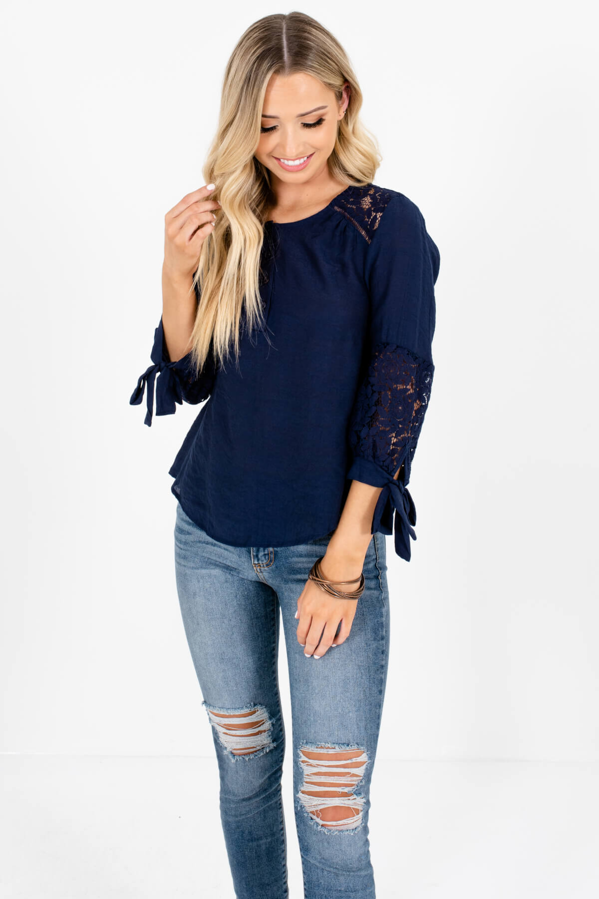 Navy Blue 3/4 Sleeve Crochet Lace Tops Affordable Online Boutique