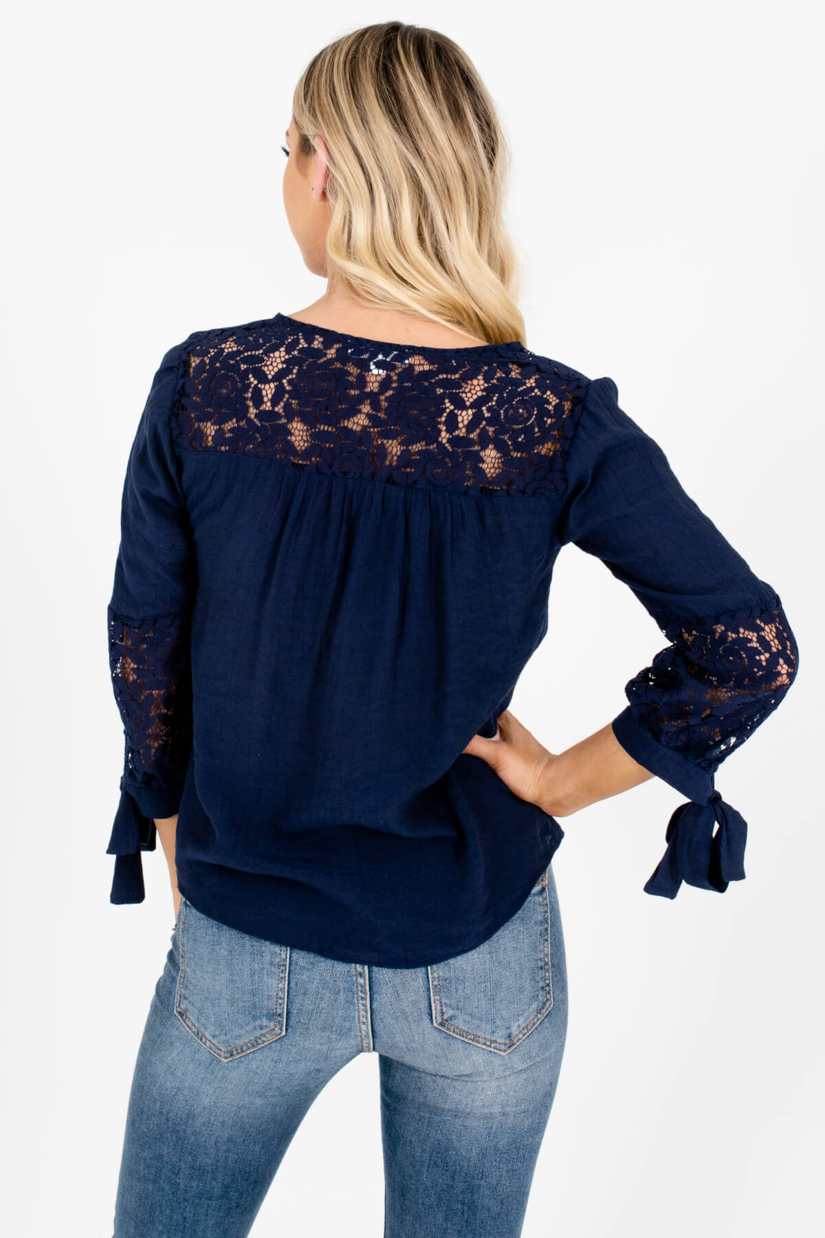 Navy Blue Floral Crochet Lace Accent 3/4 Sleeve Tops for Women