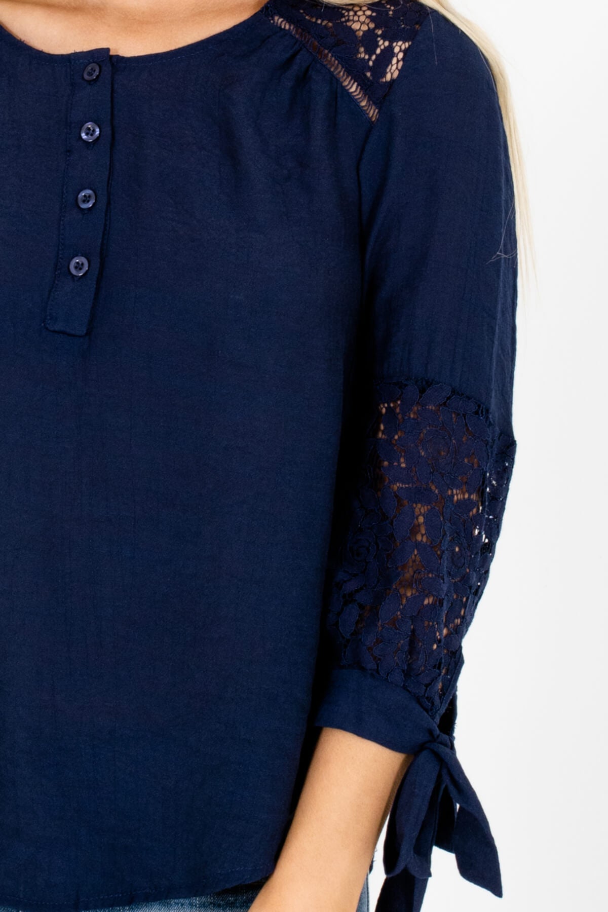 Navy Blue Crochet Lace Accent 3/4 Sleeve Tops for Women